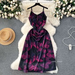 Tea Break French Style Dress for Women With Butterfly Print Pleated Midje Slimming Effect High-End Sense Suspender Dress