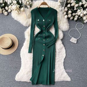 Light mature style waist closed thin temperament V-neck dress autumn womens wear high-grade sense long sleeve knit buttock wrapped skirt