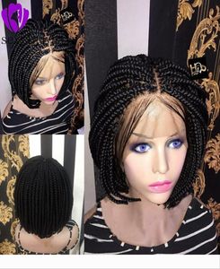 Mellandel Africa Women Style Short Bob flätad låda flätor Wig Heat Synthetic Fiber Hair virkning Kort spetsfront peruk med baby H7292479