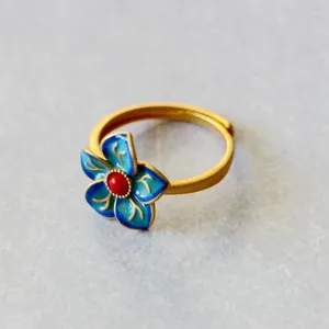 Кластерные кольца Cloisonne Exquisite Emamel Flower для женщин Винтаж китайский южный красный турмалин Древнее золото