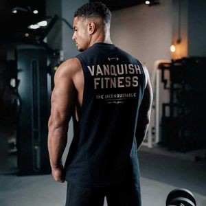 Herr t-shirts gym träning fitness sport män väst bomull bred axel rund hals ärmlös skjorta smala casual mens bär Q240530