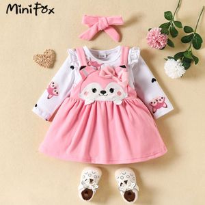 Minifox Spring Cartoon Dresses White Heart bodysuit och söt rävklänning för flickor Spädbarn barn babykläder outfit set l2405