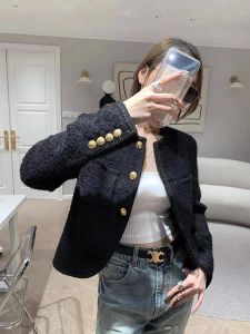 Jackets 2023 Cel Women's Tweed Jacket Casual Black Cardigan with Metal Buckle, Autumn Winter Fashion, Perfect for Spring & Mother's Day