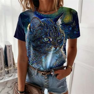 女性のトップデザイナーサマーニュー2024レディース半袖Tシャツかわいい猫3Dプリントレディースウェアストレートヘア89DT