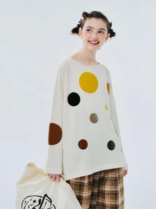 Kobiety z kapturem Imakokoni Oryginalny projekt polka kropka kontrastowa kolor mody na długim rękawem okrągły sweter dla kobiet 244458