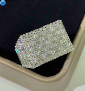Hip Hop Fine Jewelry Ring Iced out VVS Baguette Emerald Moissanite Diamond Silver or 10K 14K Real Gold Square Rings