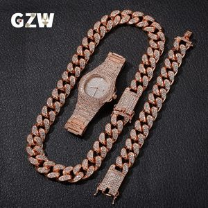 New Fashion Personalized 20mm Gold Blingbling Mens Cuban Link Chain Necklace Bracelet Watch Set Hip Hop Rapper Jewelry Gifts for Men Gu 219T