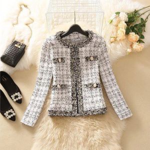 Blends Elegant Wool Blend Tweed Jacket for Women Stylish Long Sleeve Cardigan Coat