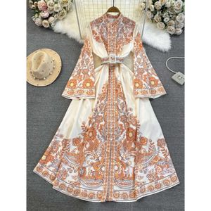 Spring and Autumn Palace Style Flare Long sleeved Stand up Neck Waist Slimming Single breasted A-line Dress