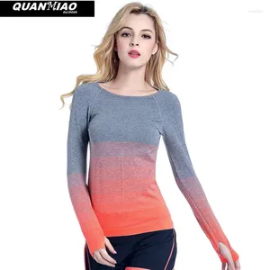 Active Shirts Women Professional Yoga Sport Gradient Color T Shirt Long Sleeves Hygroscopic QuickDry Fitness Elastic T-shirt Top