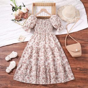 Kids Casual for Girls Clothes 2024 New Summer Children Fashion White Floral Print Short Sleeve Princess Dress 7-14Y L2405 L2405