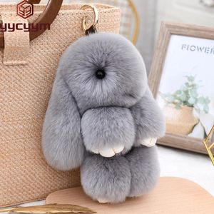 Fluffy Cute Bunny 18CM Real Fur Keychain Rex Rabbit Pom Gift Toy Doll Women Bag Pendant Charm Car Key Keyring Metal ring 240530