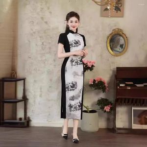 Etniska kläder gamla Shanghai Qipao Long Chinese Style Women's 2024 Spring/Summer målning Cheongsam klänning