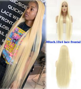 30 -calowa miękka prosta peruka do włosów Blueless 613 Blond syntetyczne koronkowe przednie peruki dla kobiet Zakazalne jedwabiste proste syntetyczne włosy 9697541