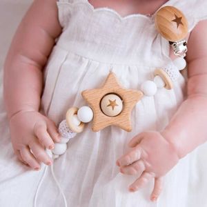 5PCS Pacify Toys 1PC Baby Teether Pacifier Chain Personalized Beech Star Wooden Clip Geometric Crochet Beads Pacifier Clip Chain Tiny Rod Toys