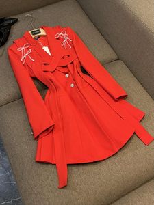 2024 Autumn Red Solid Color Bow Beading Dress Long Sleeve Notched-Lapel Buttons Short Casual Dresses Q4W210401