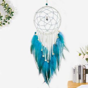 Garden Decorations Dream Catcher Handmade Hanging Ornaments Blue Feather Wooden Bead Wind Chimes Birthday Party Gifts Home Decoration AccessoriesL4531