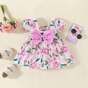 Baby Summer Cotton Flower Bow Short Sleeved Baby Girl Sweet Bubble Sleeve Princess Party Dress L2405