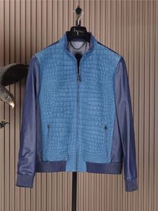 Mean Leather Coats Winter bijan Dark Blue Sheepskin Spliced Crocodile Leather Jacket