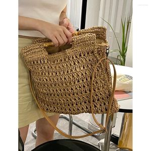 Evening Bags Handmade Woven Beach For Women Bamboo Handle Straw Handbag Paper Rope Knitting Rattan Bag Square Shoulder Crossbody Wadqc