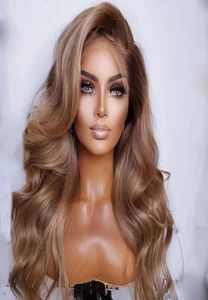 Glueless ombre askblond färgad brasiliansk peruk honung blondbrun 134 djup spets framkonger vågigt transparent mänskligt hår för plucked8108680