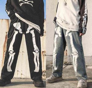 Männer Skelett gedruckt Jeans Hosen Herren High Street Wide Beine gerade losen Hip Hop Harem Jeans junge lässige Denimhose Overall G4644678