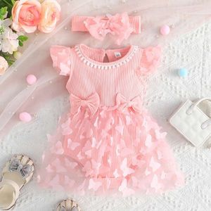 Set Dress Kids 0-18 Months old Birthday Pink Butterfly Sleeve Tulle Princess Formal Dresses Ootd For Newborn Baby Girl L2405 L2405