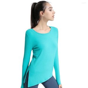 Active Shirts Fitness Blouses Women Long Sleeve Sport T-Shirts Polyester Rib Round Neck Irregular Sportswear For Yoga Workout Running Gym