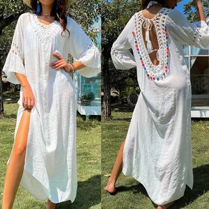 Strandklänning för kvinnor backless One Pieces Kimono Kaftan med frill Biquinis Cover -Ups Bohemian Sun Protection 240524