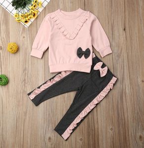 2pcs roupas de roupa de menina de menina conjuntos de manga longa plufle rush bowknot calça calças de moletom infantil