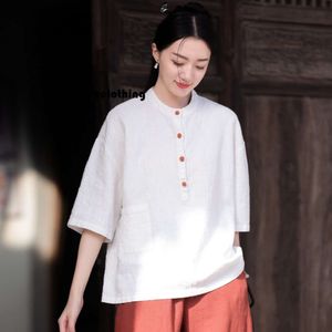 デザイナーTシャツコットンとリネン服新製品2024中国スタイルスタンドアップカラーカラーマッチングバックル短袖トップ女性シャツTシャツ