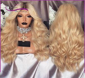 Thick 180density Dark Roots ombre Blonde Synthetic Lace Front Wig Heat Resistant Hair Wavy Body Wave Wigs for Black Women5858392