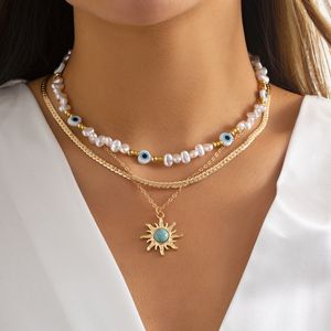 Retro contrasting color personalized eyes pearl necklace ethnic style sun turquoise pendant necklace gold necklace for female