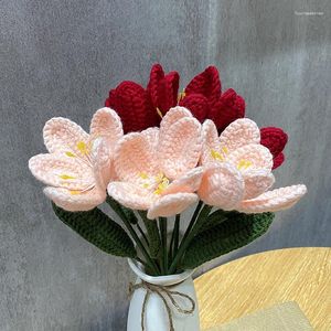 Flores decorativas Simulação Bouquet Casamento Home Decoração Gift DIY DIY Tulipe de crochê artesanal