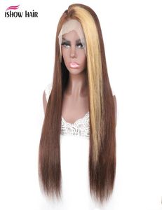 Ishow 28 30 inch 150 180 250 High Density 44 Human Hair Wigs Transparent Lace Closure Wig Straight for Women Honey Blonde 4273059710