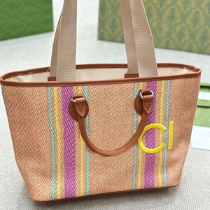 Large Tote Bag Weekend Bag Designer Handbag Embroidered Letter Lady Shoulder Bag Canvas Fabric Green Yellow Striped Jute Leather Travel Pouch Leather Handle