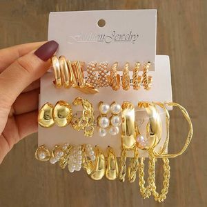 Charm Gold Color Vintage Geometry Pearl Earrings Set Metal Twine Square Dingle Earrings Round For Women Simple Trendy Party Jewelryl4531