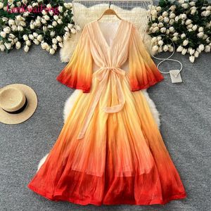 Casual Dresses LKF Luxury Banquet Women's Dress With Waist Tie Loose V-neck Flare Sleeves Gradual Color Changing Lining Wholesale