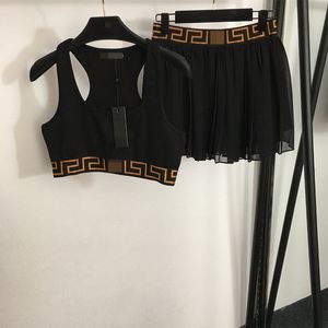 Tampa de tanque de impressão geométrica feminina de verão e cintura elástica plissada Twinset 2 PC Dress Smlxl