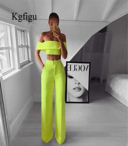 KGFIGU Tvådelade uppsättningar och byxor Summer Neon Green Slash Neck Cropped Tops och Wide Ben Pants Sexig Tweed Set Y190622013643314