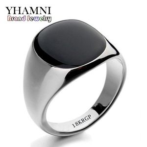 Yhamni Fashion Black Wedding Rings for Men Brand Luxury Black Onyx Stones Crystal Ring Fashion 18krgp Rings Men Jewelry R0378 265U