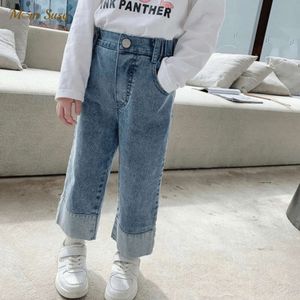 Jeans de menino de menino calça calça macia infantil infantil jeans de jeans alta calça de fundo de sino casual calça de perna larga 1-10y l2405