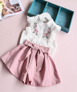 Neue Produkte aufgelistet 2018 Girls Summer Wear Kurzarmanzüge Blumenblusenbluse Taillengürtelhose zweiteiler 6127584