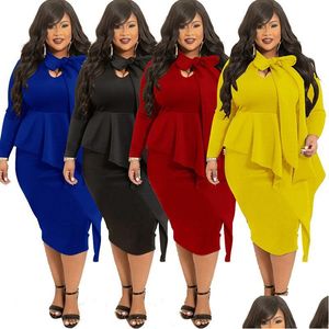 Basic & Casual Dresses Temperament Commute Office Style Women Large Size Dress With Bow V-Neck High Waist Long Sleeve Female Workplac Dhzyr