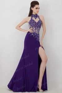 Party Dresses Fashion Lady Mermaid Halter High Slit Beaded Backless Floor Length Neckline Prom Dress With Appliques 2180