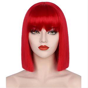 Synthetic Hair Women Red Short Straight Wig for Cosplay Party 12inches Kmtie