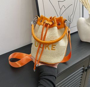 Cross-Border Straw Bucket Bag Fashion Drawstring Letter Women's Shoulder Crossbody Large Capacity Bags