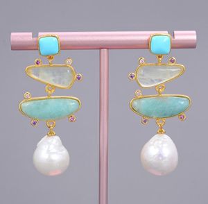 GuaiGuai Jewelry Freshwater White Pearl Blue Turquoise Green Amazonite Dangle Stud Earrings For Women Real Gems Stone Lady Fashion1302974