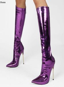 Rontic Women Winter Shiny Knee High Boots Metal Stiletto Heel Pointed Toe Gorgeous Gold Purple Party Shoes Women US Size 5132880292