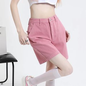 Denim shorts kvinnor sommar mode rosa rödgrön y2k byxor hög midja smal rak bred jeans kvinnlig 240531